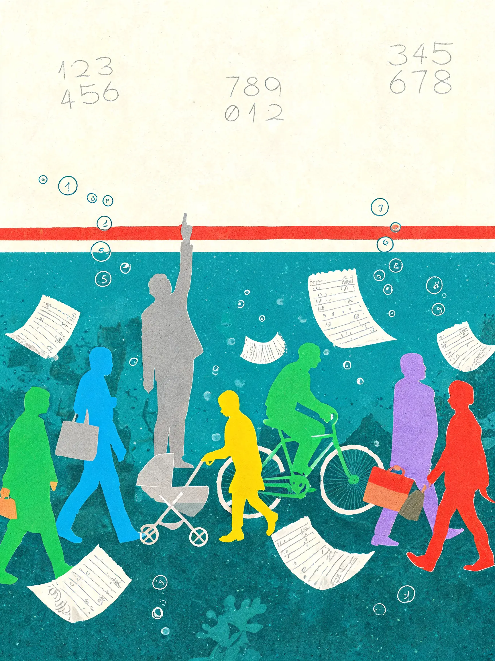 A horizontal red line divides the frame; below it, in a teal underwater world, ordinary colored silhouettes walk, cycle and push strollers while circled numbers rise from them like bubbles; one gray figure reaches up and touches the line. Above the line, faint sums drift like clouds.