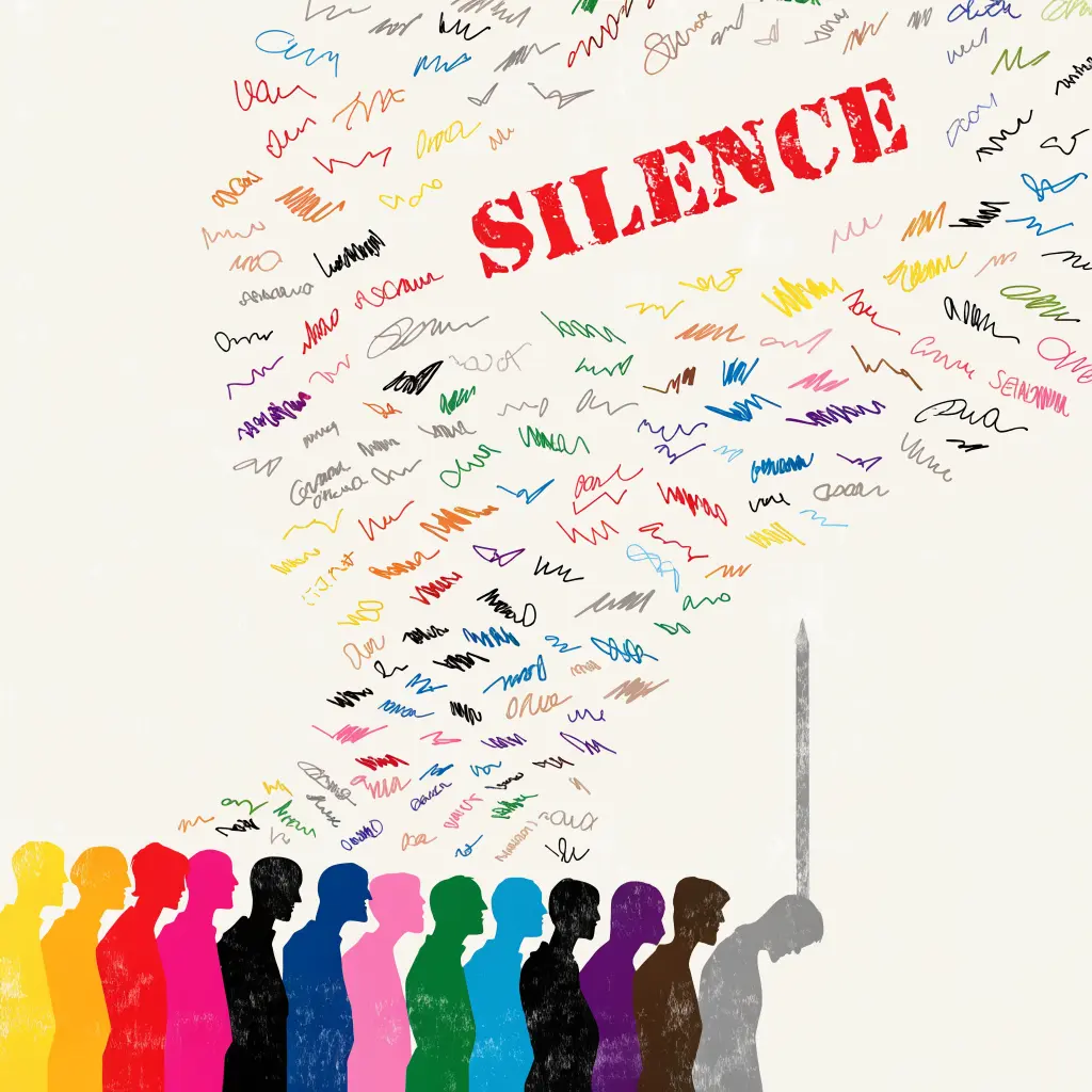 A row of colored silhouettes sings, and the song rises as a swirling cloud of small handwritten fragments; one gray figure stands apart, a single thin pencil line rising from it taller than the noise; at the top, a red stamped word: SILENCE.