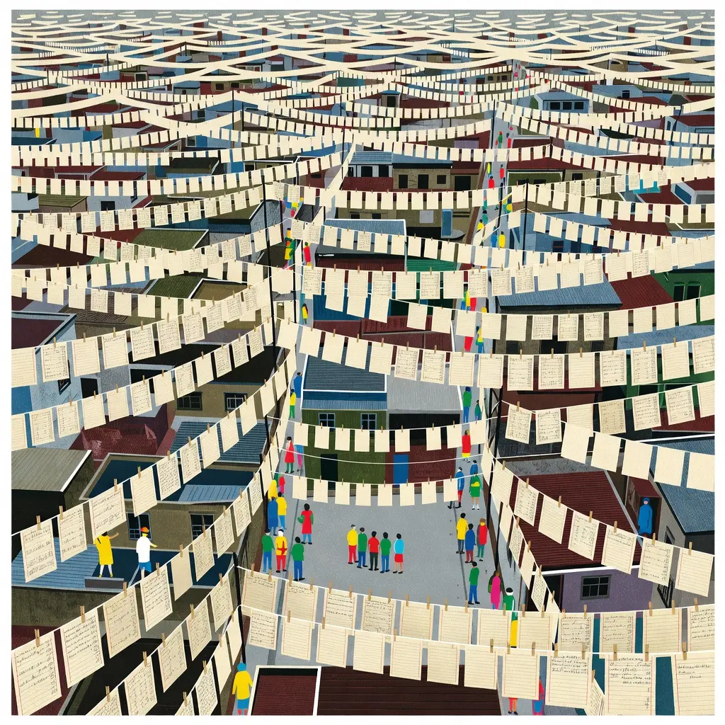 A wide aerial view of an old city where hundreds of clotheslines hung with thousands of ledger pages cross every street and rooftop to the horizon; tiny colored figures move in the streets below.