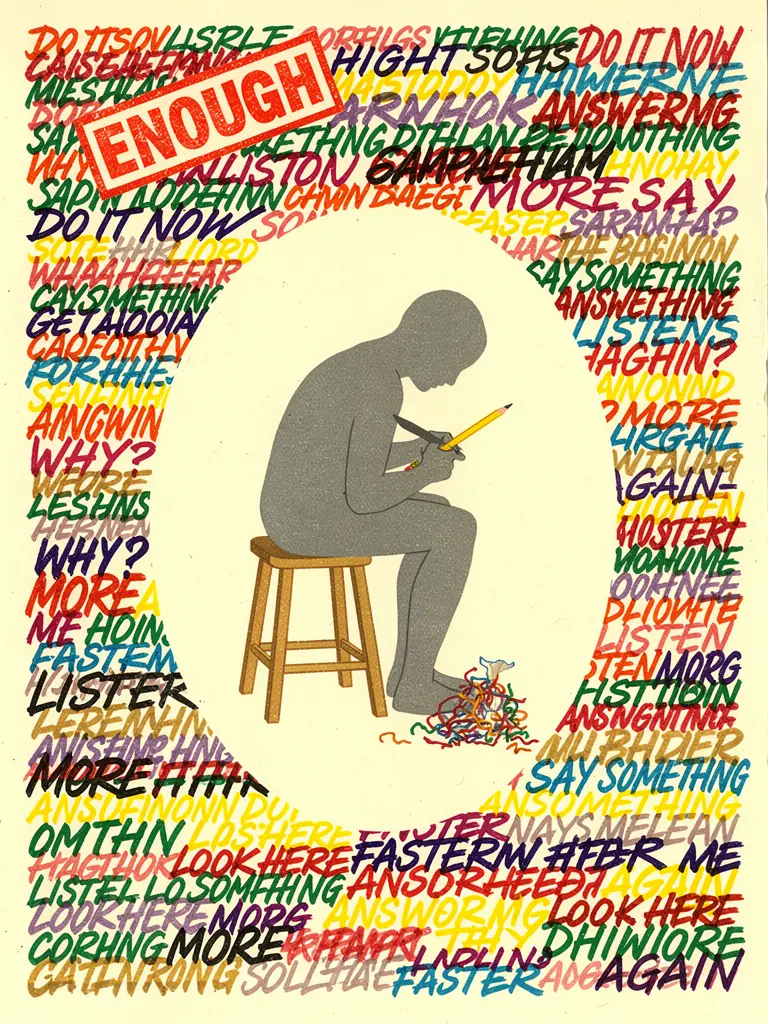 A gray silhouette sits on a stool inside an oval of bare paper, calmly sharpening a pencil with multicolored shavings at its feet, while every inch of the wall around the oval shouts overlapping colored words — DO IT NOW, FASTER, MORE, LISTEN — under a red stamp reading ENOUGH.