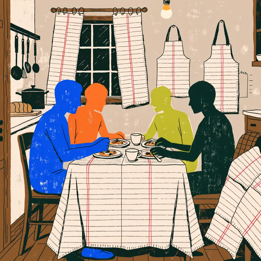 A flat screen-print of a family of four, each a different single-color silhouette, eating dinner in a small kitchen where the tablecloth, curtains and aprons are all sewn from ruled ledger pages with red margin rules.