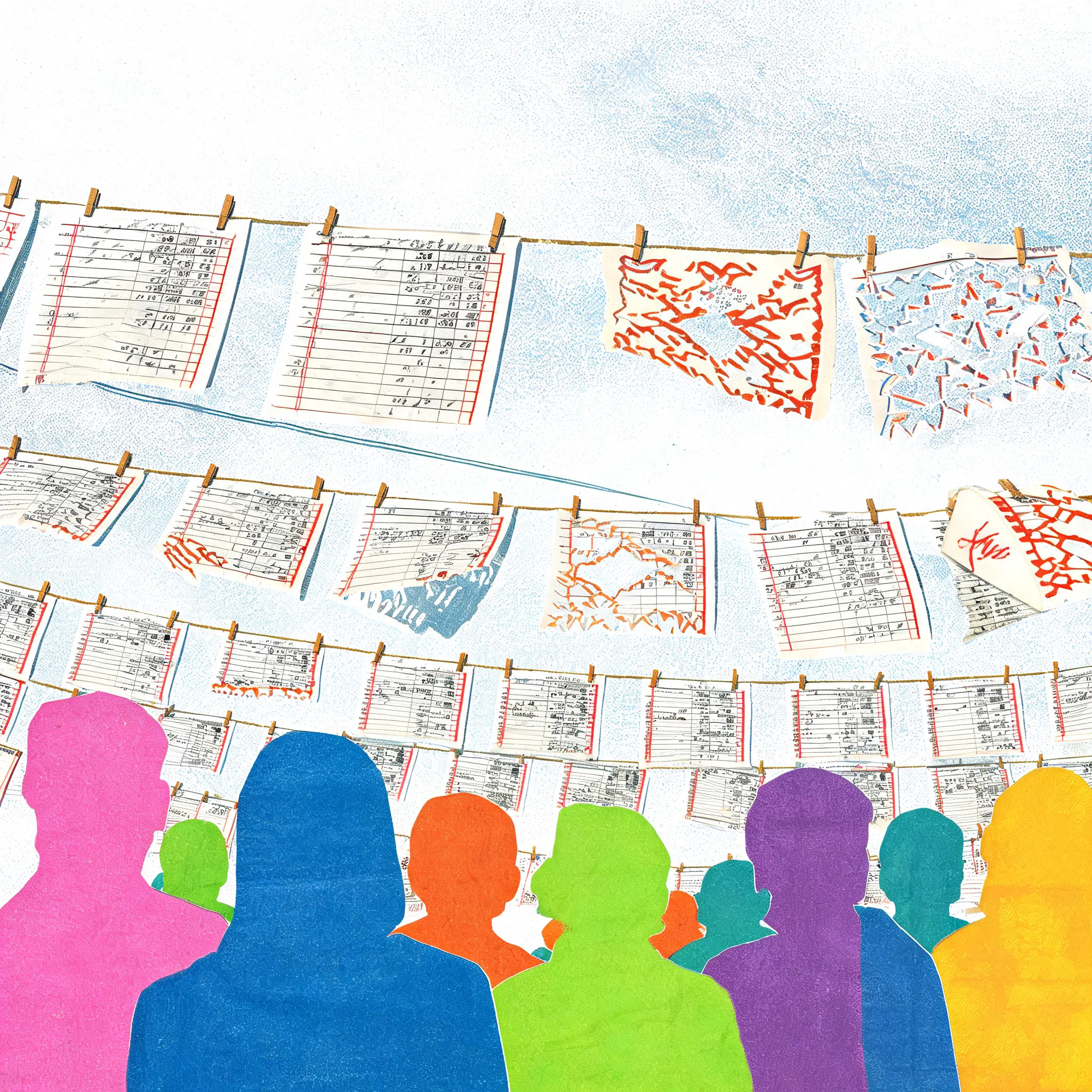 Papel picado banners and ledger pages hang from clotheslines against a white sky while a crowd of flat paper silhouettes, each a different saturated color, looks up at them from below.