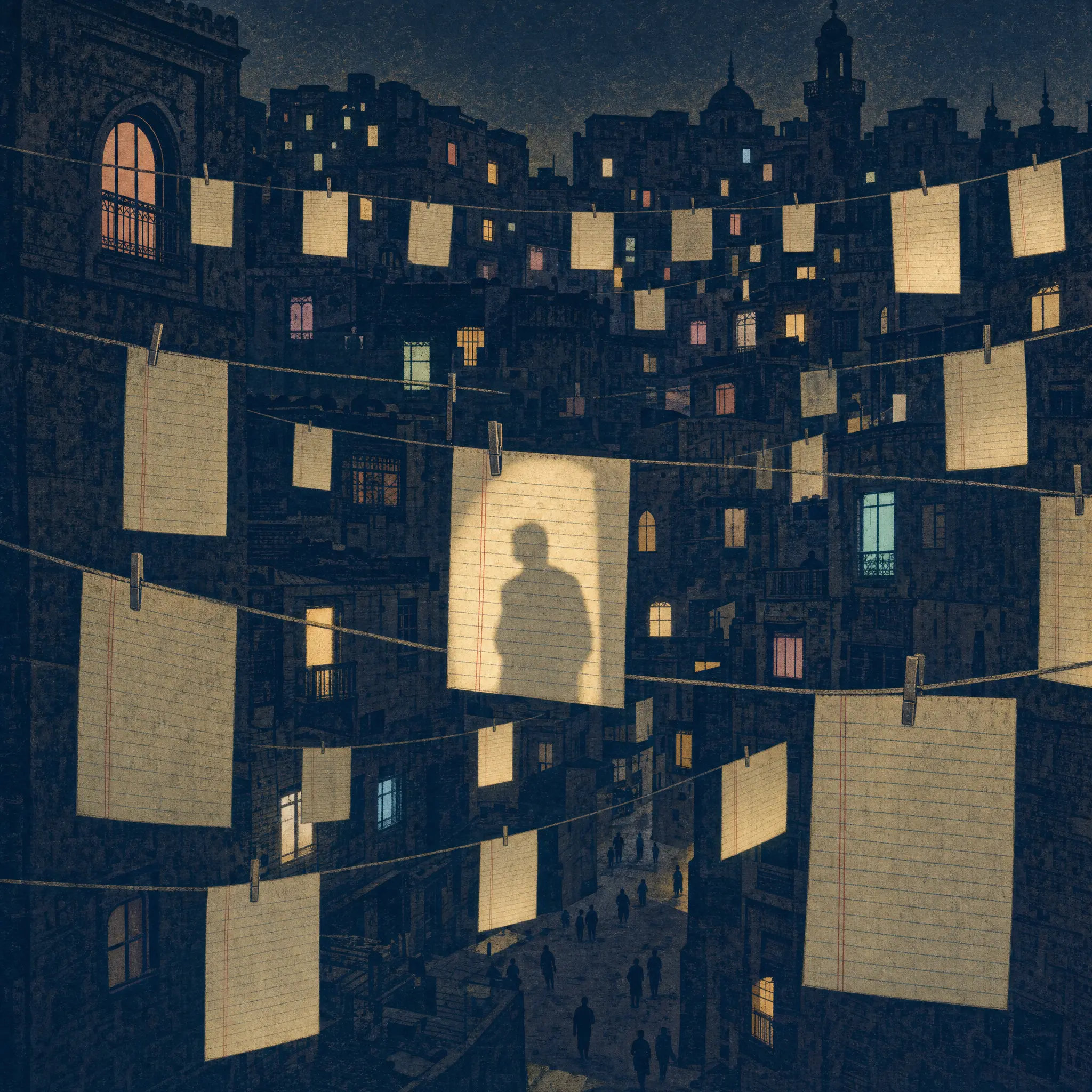 A night city crossed with clotheslines of ledger pages; scattered windows glow in different tints, and on one glowing page the sharp shadow of an unseen person standing at a window is cast across the ruled lines.