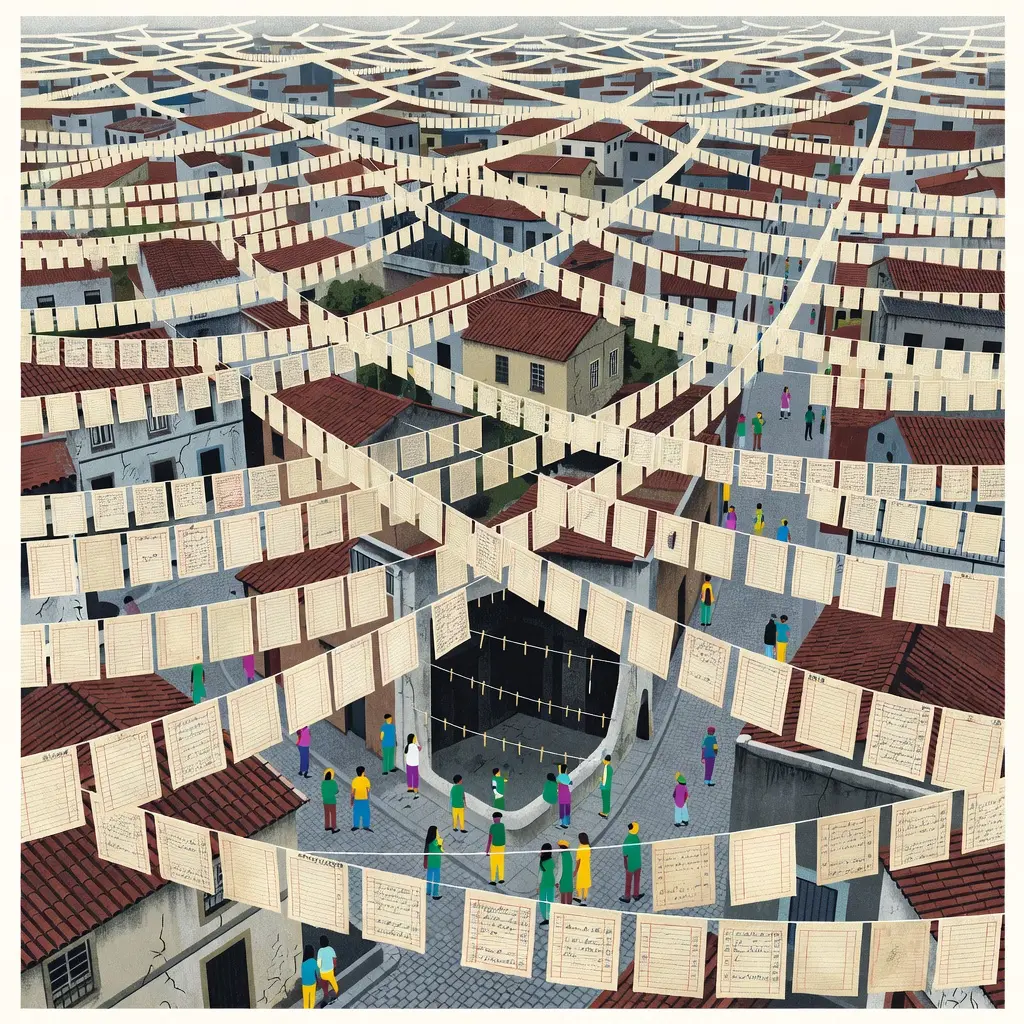 The same festival city of hanging pages, but at its center a courtyard opens into an unlit black pit crossed by empty clotheslines; people gather at its edge looking in.
