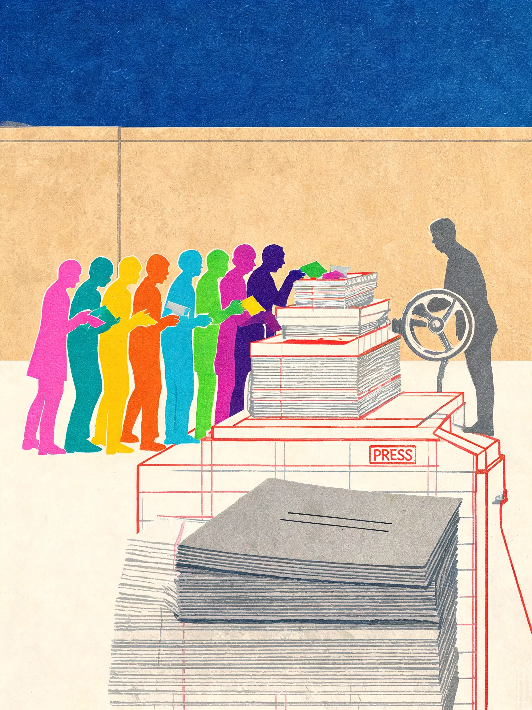 A queue of bright single-color silhouettes feeds handwritten scraps into an old press built of ledger pages with red rules through its frame and a red stamp reading PRESS; the output is a tall pile of identical gray pages with one penciled line on top; the gray figure at the crank has paused mid-turn to look back at the line of colors.