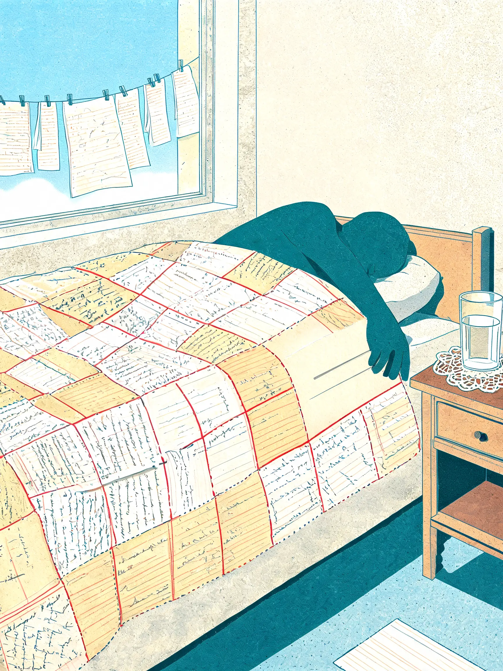 A teal silhouette sleeps under a patchwork quilt sewn from handwritten pages, its seams running in red like margin rules; through the window, more pages hang on a line; a glass of water waits on a doily of ruled paper.
