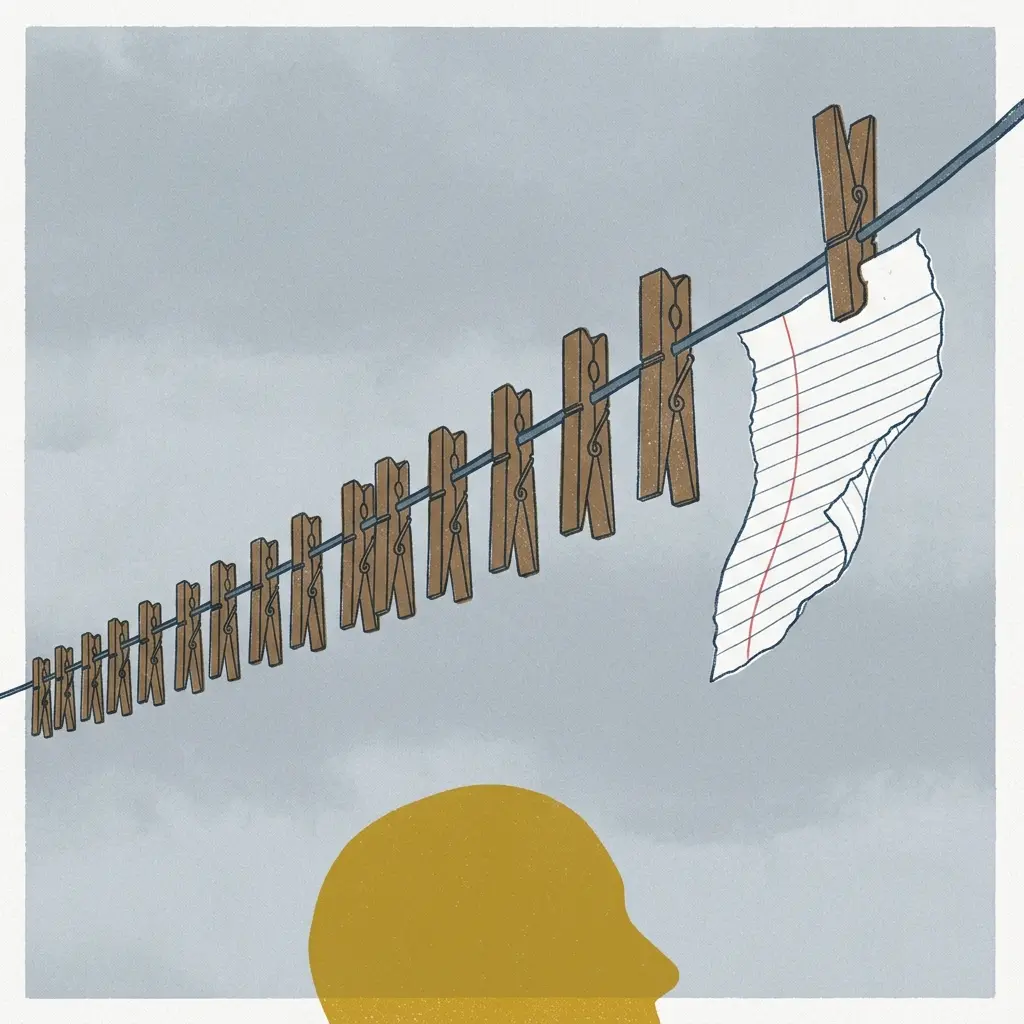 A single clothesline crosses an overcast sky holding a long row of bare wooden clothespins and nothing else, except one torn corner of ruled paper at the far right; the top of a mustard-yellow head looks up from the bottom edge.
