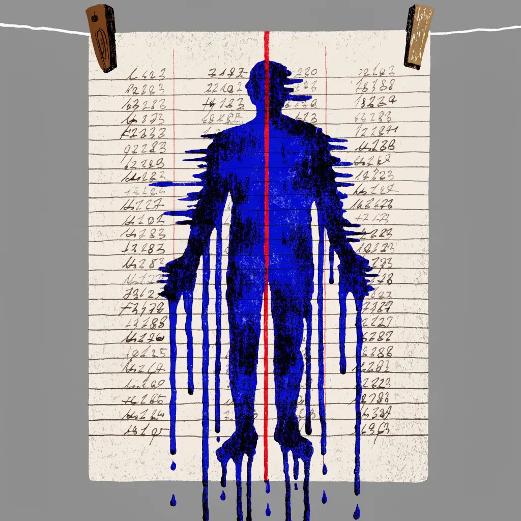 A single ledger page hangs from two clothespins; printed on it, a human silhouette in wet blue ink dissolves downward in long drips, and a crisp vertical red margin rule passes straight through the figure's body.