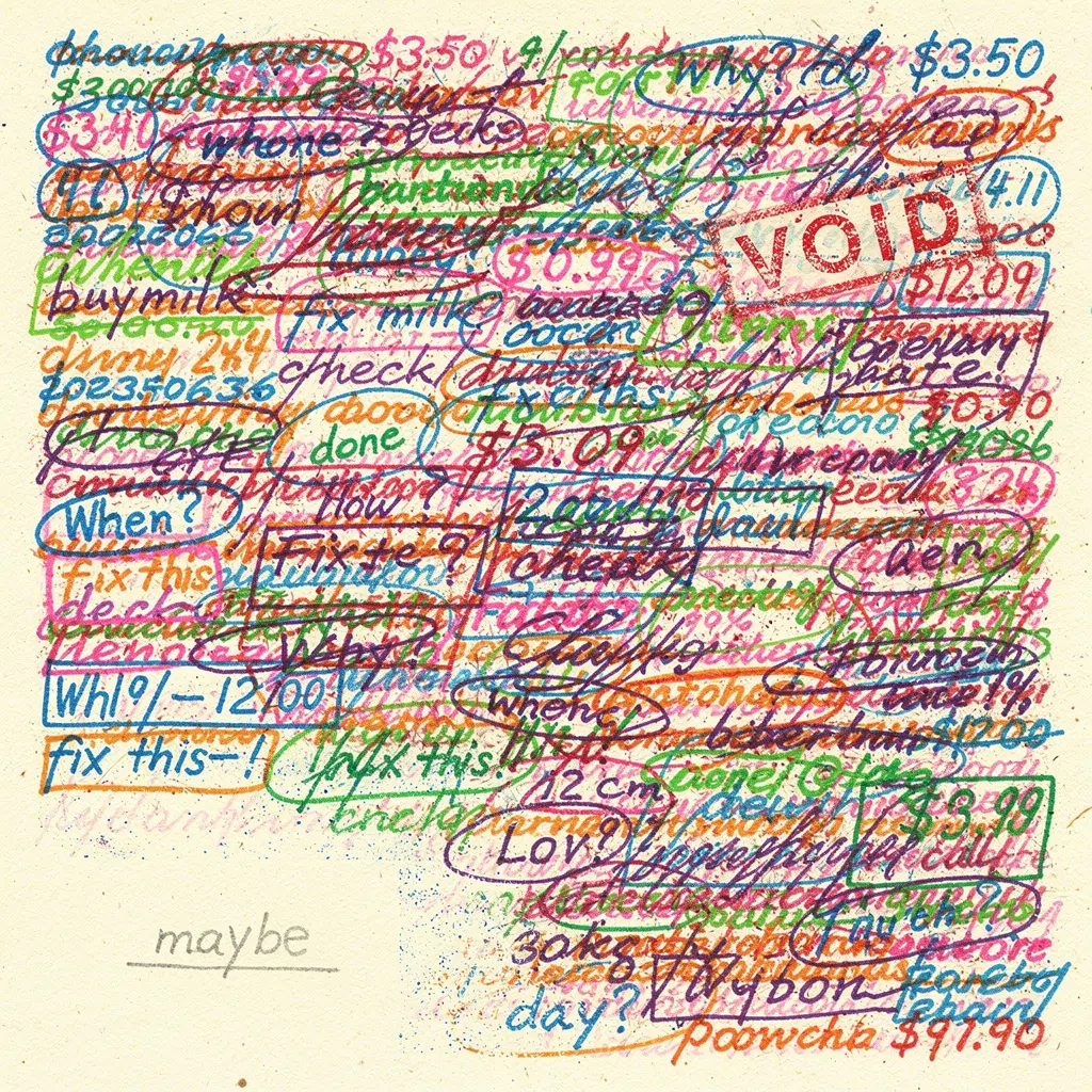 A dense sheet of overlapping handwritten fragments in clashing colors — prices, errands, corrections — including "buy milk" and a red stamp reading VOID; in a small clearing of bare paper, the word "maybe" written in gray pencil, underlined.