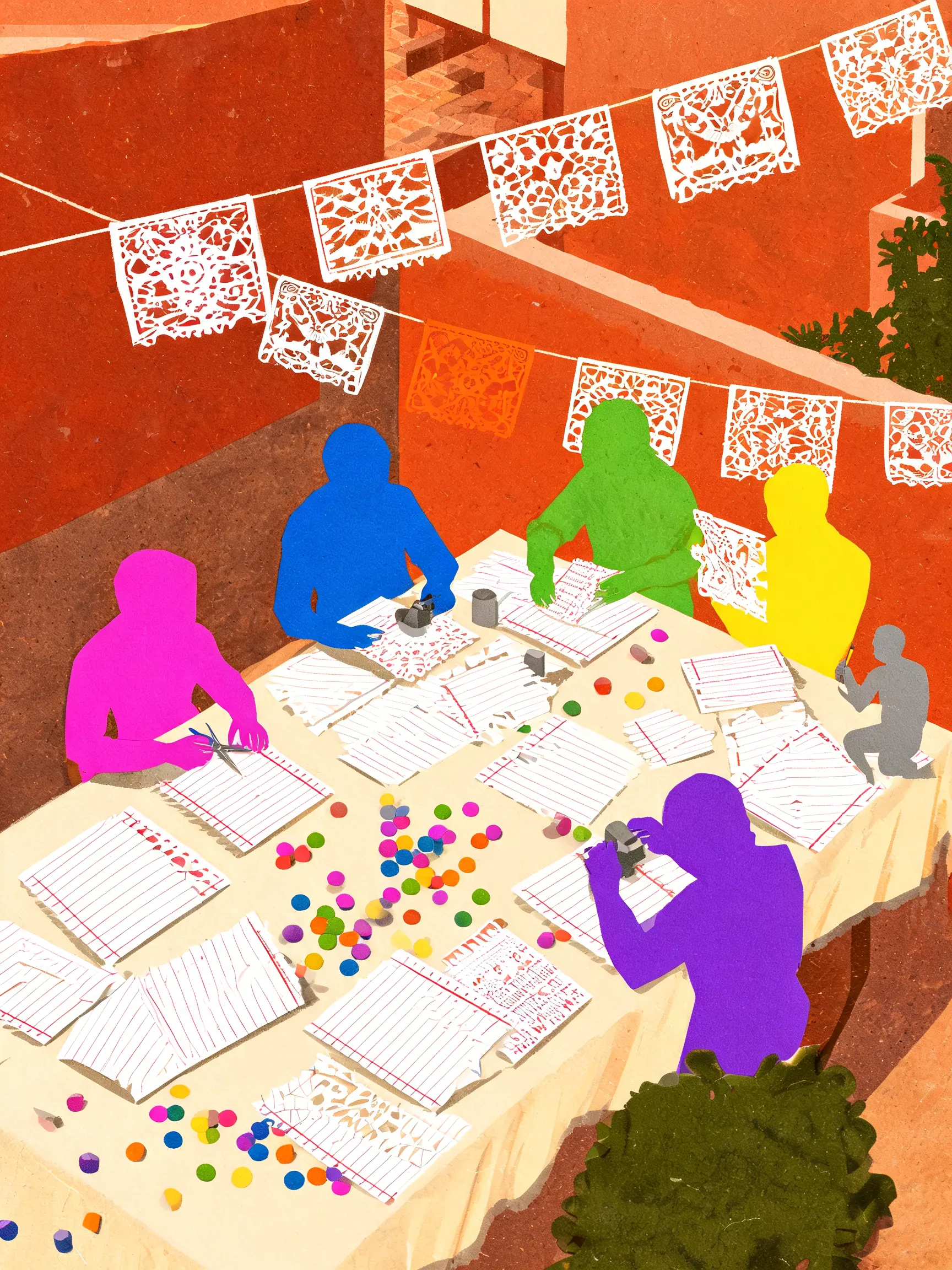 In a warm terracotta courtyard under white papel picado banners, six colored silhouettes sit at a long table cutting ledger pages into festival banners, confetti pooling at their feet; one violet figure photographs the work; a small gray figure works at the table's end.